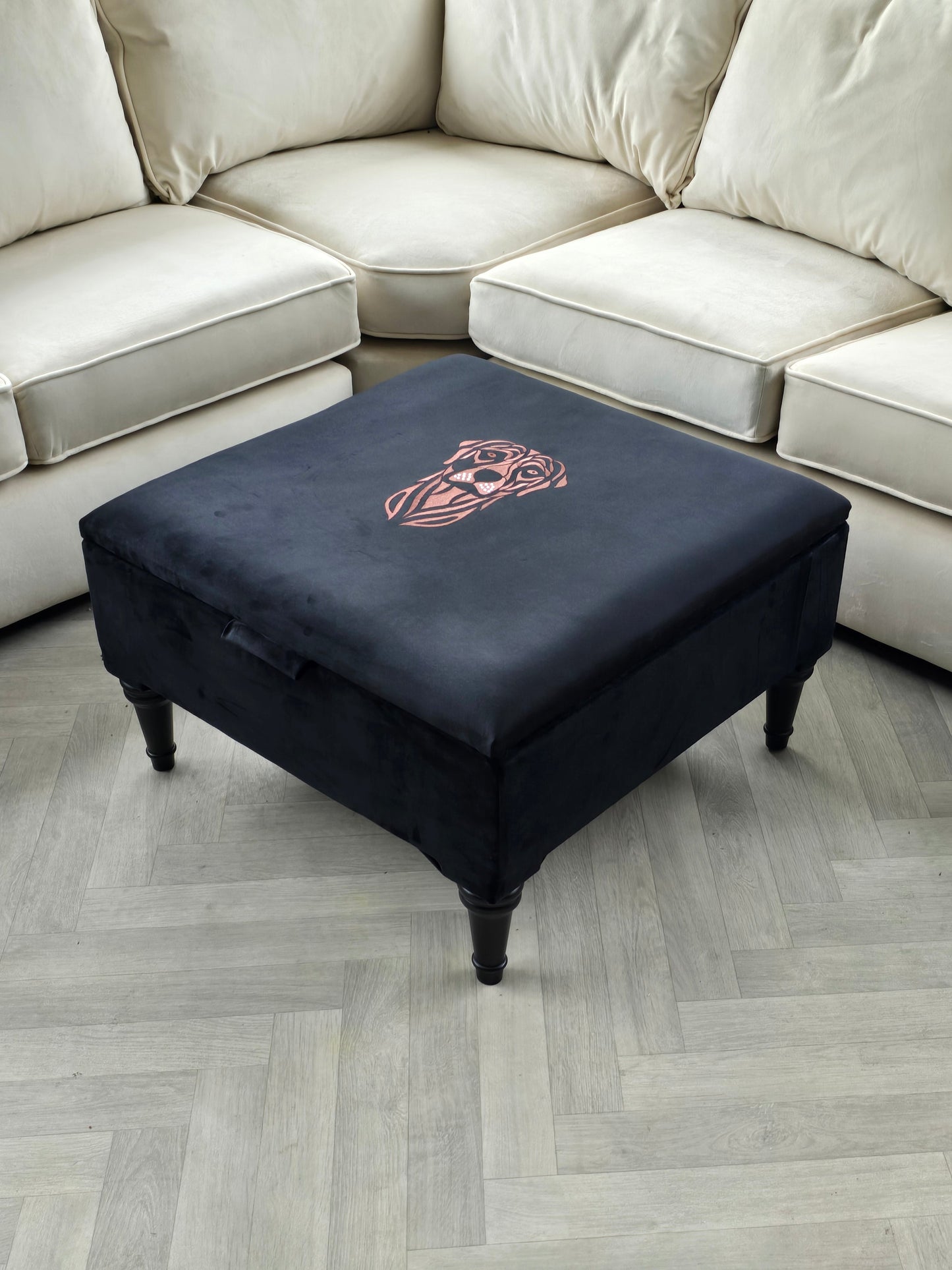 Square Labrador premium embroidered black velvet soft luxurious storage coffee table