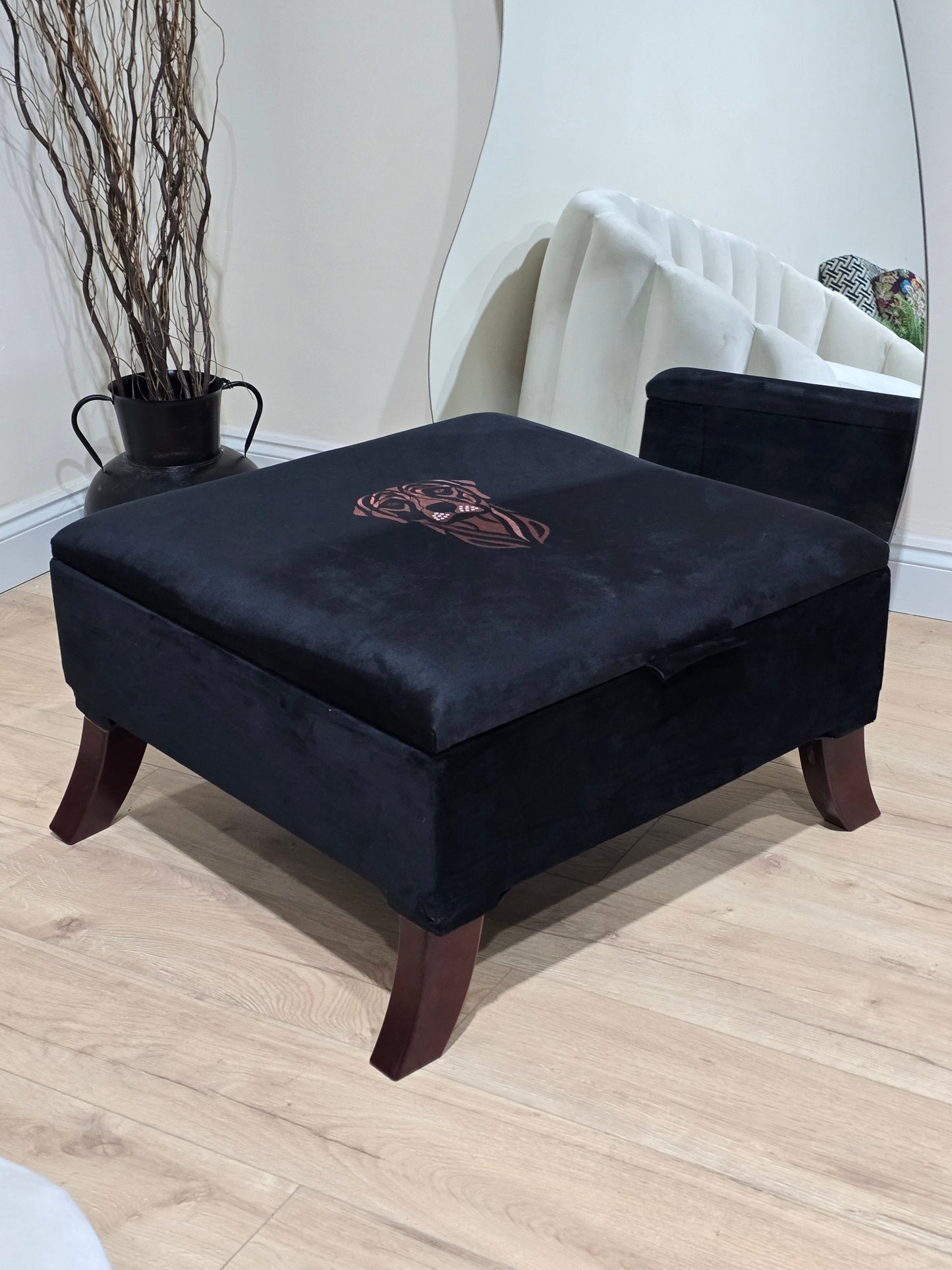 Square Labrador premium embroidered black velvet soft luxurious storage coffee table