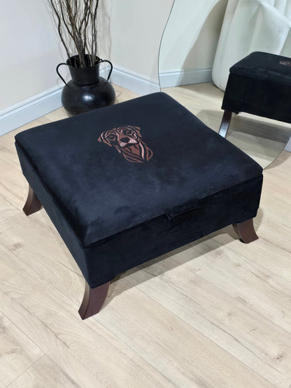 Square Labrador premium embroidered black velvet soft luxurious storage coffee table