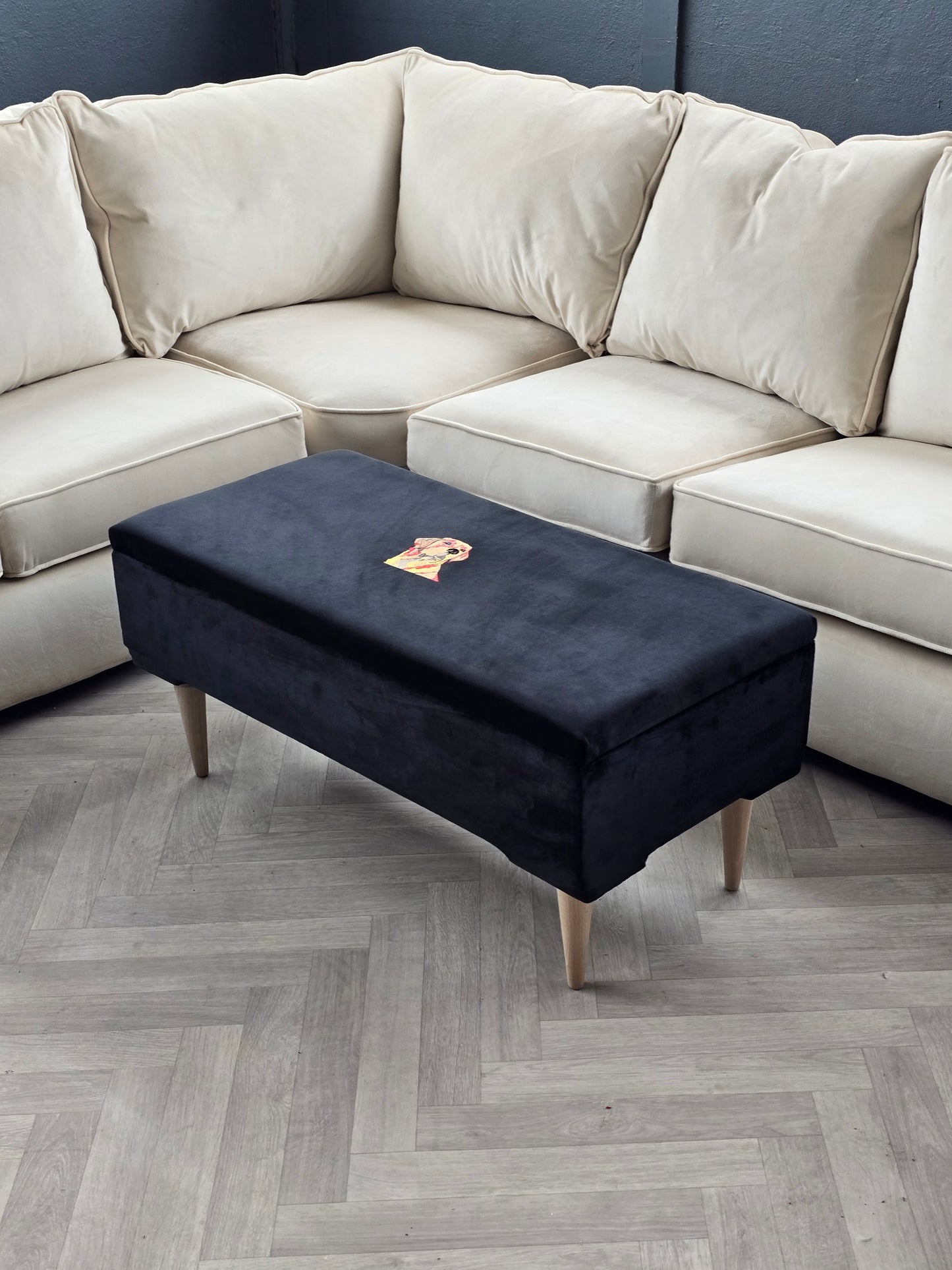 Labrador embroidered black velvet soft luxurious storage coffee table