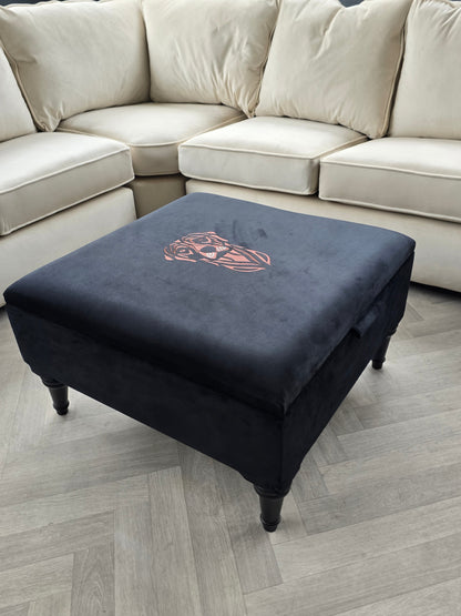 Square Labrador premium embroidered black velvet soft luxurious storage coffee table