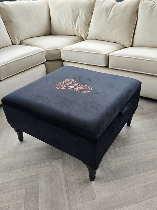Square Labrador premium embroidered black velvet soft luxurious storage coffee table
