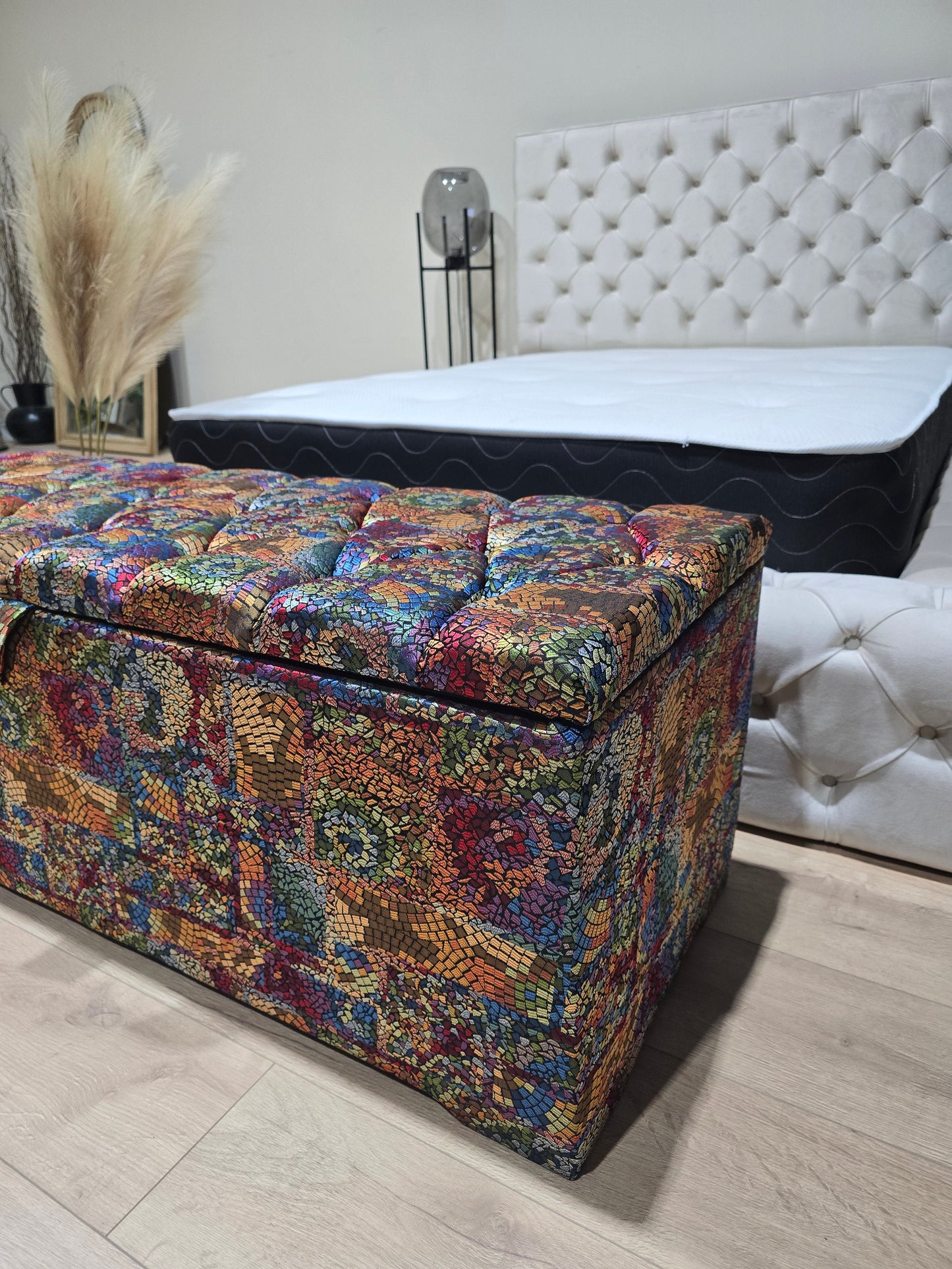 Premium stained glass embossed multi colour end of bed storage Ottoman,  bay window seat